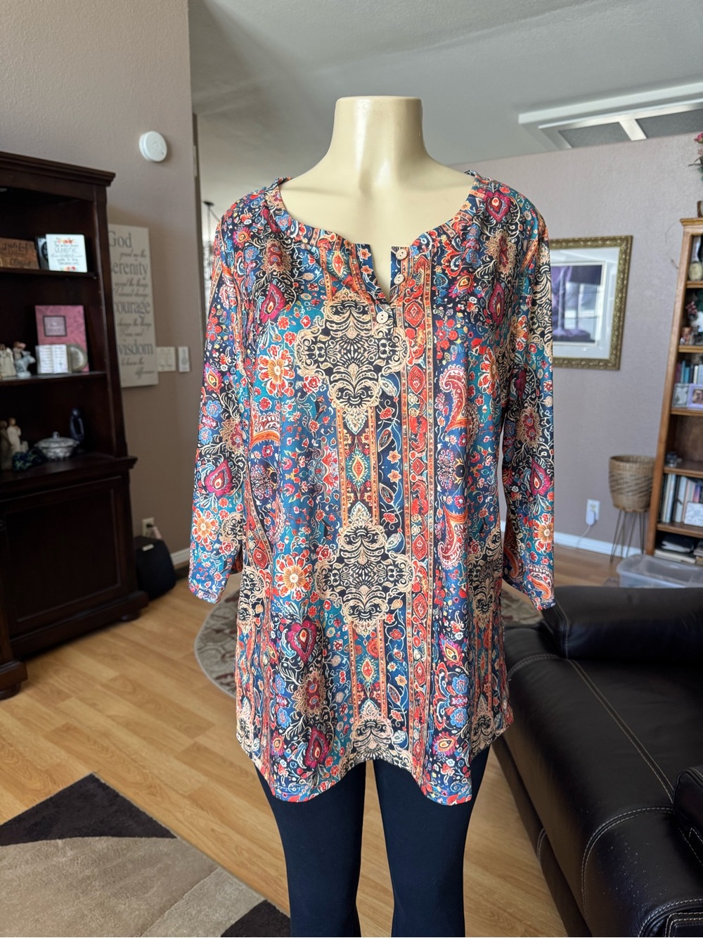 Boutique boho paisley print 3/4 sleeves silky blouse-size 1X